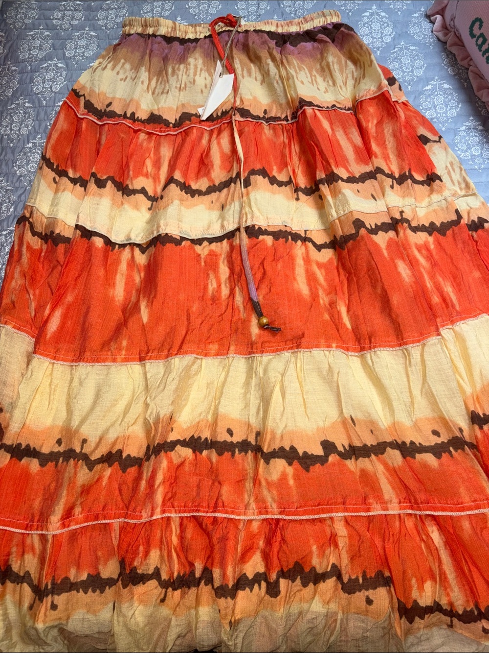 easel Tiered Maxi Skirt in Orange, Cream, Brown